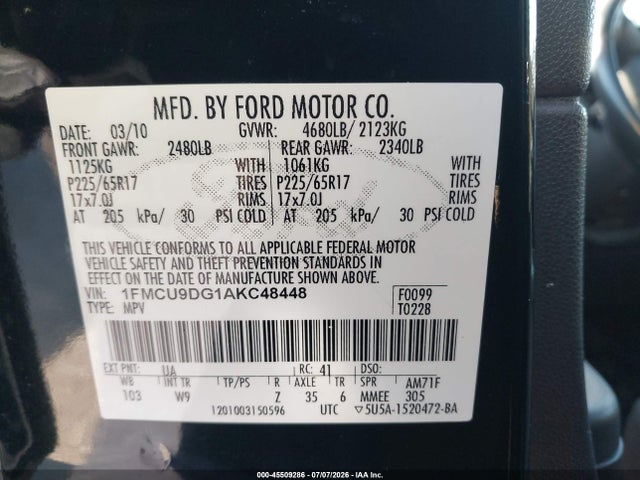 Продажа на аукционе авто 2010 Ford Escape Xlt, vin: 1FMCU9DG1AKC48448, номер лота: 45509286
