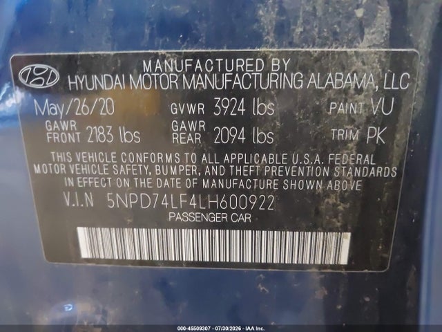 5NPD74LF4LH600922 Hyundai ELANTRA SE