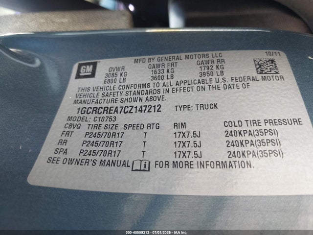 45509313 :رقم المزاد ، 1GCRCREA7CZ147212 vin ، 2012 Chevrolet Silverado 1500 Ls مزاد بيع