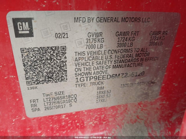 Aukcja sprzedaży 2021 Gmc Sierra 1500 4wd  Short Box At4, vin: 1GTP9EED6MZ236120, numer aukcji: 45509322