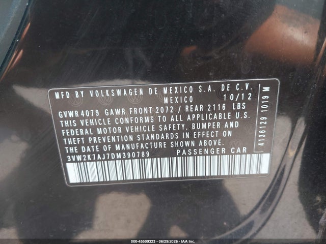 Aukcja sprzedaży 2013 Volkswagen Jetta 2.0l S, vin: 3VW2K7AJ7DM390789, numer aukcji: 45509323