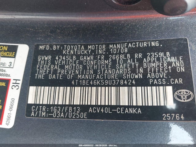 Aukcja sprzedaży 2009 Toyota Camry Le, vin: 4T1BE46K59U378424, numer aukcji: 45509332