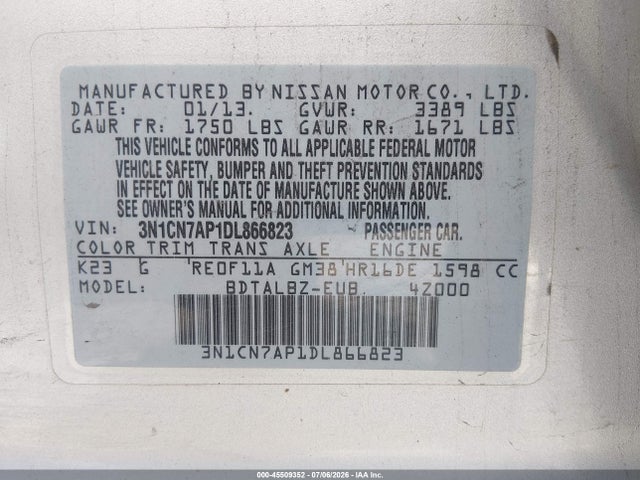 2013 Nissan Versa 1.6 Sv მანქანა იყიდება აუქციონზე, vin: 3N1CN7AP1DL866823, აუქციონის ნომერი: 45509352