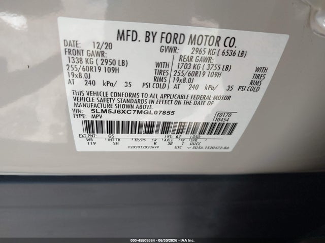 Aukcja sprzedaży 2021 Lincoln Aviator Standard, vin: 5LM5J6XC7MGL07855, numer aukcji: 45509364