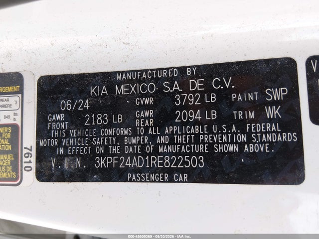 Продаж на аукціоні авто 2024 Kia Forte Lxs, vin: 3KPF24AD1RE822503, номер лоту: 45509369