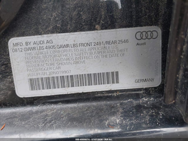2013 Audi A4 2.0t Premium მანქანა იყიდება აუქციონზე, vin: WAUFFAFL3DN019907, აუქციონის ნომერი: 45509374