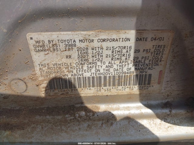 2001 Toyota Rav4 მანქანა იყიდება აუქციონზე, vin: JTEHH20V110099489, აუქციონის ნომერი: 45509414