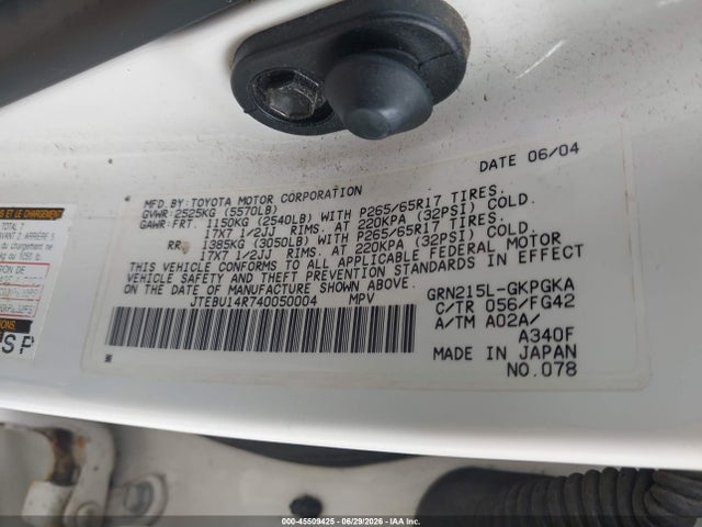 Aukcja sprzedaży 2004 Toyota 4runner Sr5 V6, vin: JTEBU14R740050004, numer aukcji: 45509425