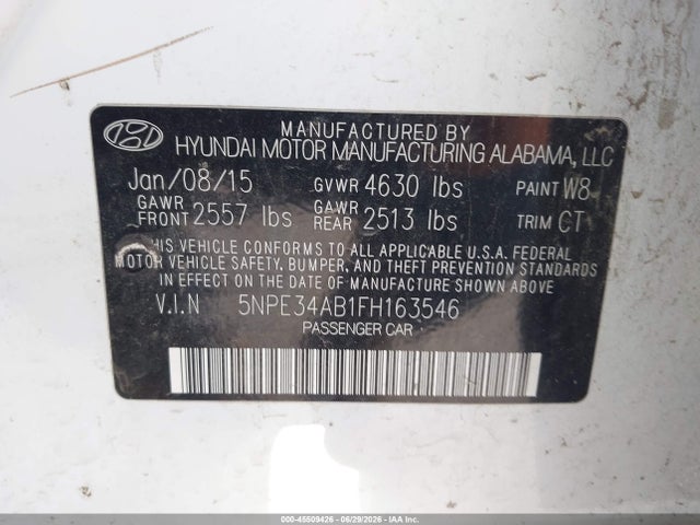 45509426 :رقم المزاد ، 5NPE34AB1FH163546 vin ، 2015 Hyundai Sonata Limited 2.0t مزاد بيع