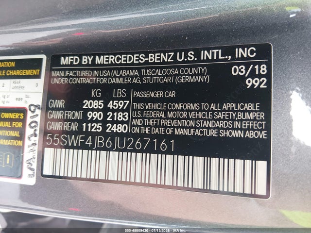 Продажа на аукционе авто 2018 Mercedes-benz C 300, vin: 55SWF4JB6JU267161, номер лота: 45509430