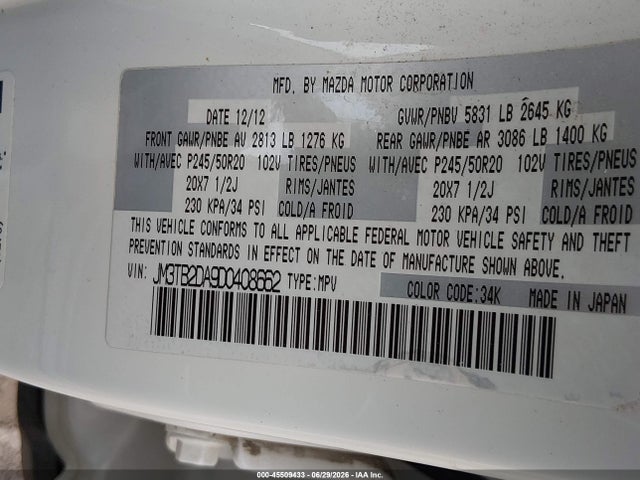Aukcja sprzedaży 2013 Mazda Cx-9 Grand Touring, vin: JM3TB2DA9D0408662, numer aukcji: 45509433
