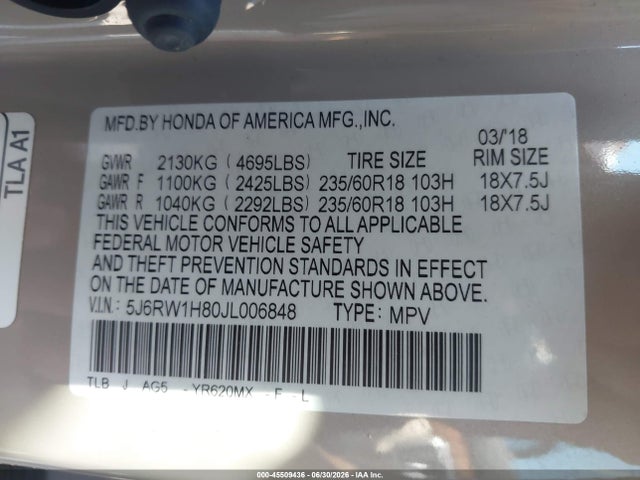 Aukcja sprzedaży 2018 Honda Cr-v Ex-l/ex-l Navi, vin: 5J6RW1H80JL006848, numer aukcji: 45509436