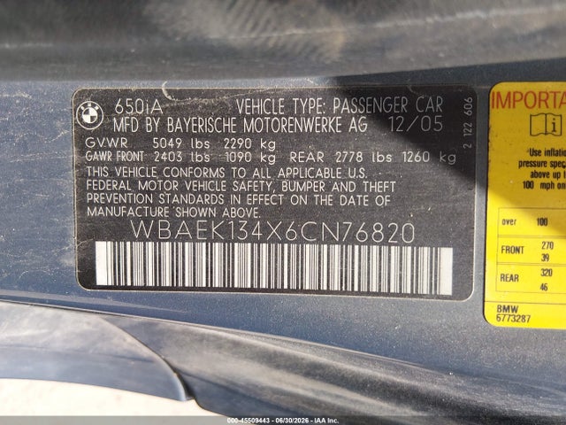 2006 Bmw 650i მანქანა იყიდება აუქციონზე, vin: WBAEK134X6CN76820, აუქციონის ნომერი: 45509443