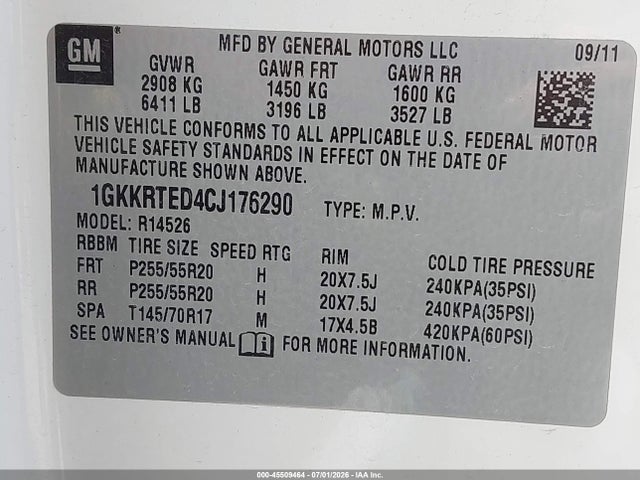 2012 Gmc Acadia Denali მანქანა იყიდება აუქციონზე, vin: 1GKKRTED4CJ176290, აუქციონის ნომერი: 45509464