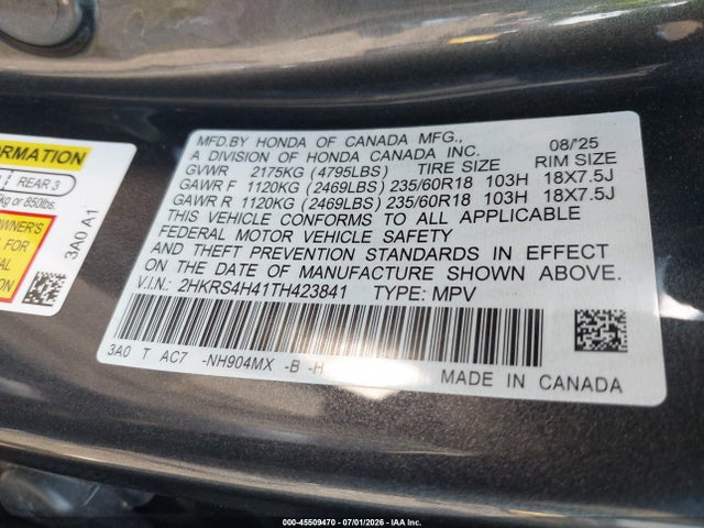 45509470 :رقم المزاد ، 2HKRS4H41TH423841 vin ، 2026 Honda Cr-v Ex Awd مزاد بيع