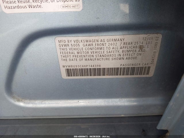 Aukcja sprzedaży 2006 Volkswagen Passat 3.6, vin: WVWBU93C66P144398, numer aukcji: 45509472