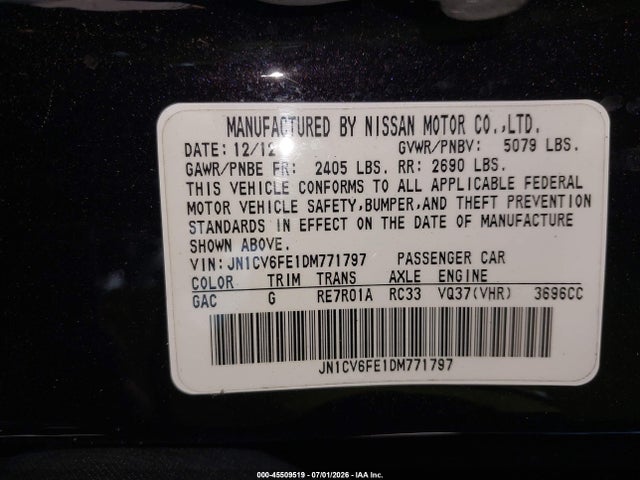 2013 Infiniti G37 მანქანა იყიდება აუქციონზე, vin: JN1CV6FE1DM771797, აუქციონის ნომერი: 45509519