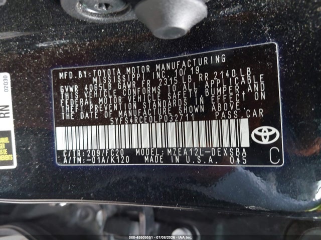45509551 :رقم المزاد ، 5YFS4RCE0LP032711 vin ، 2020 Toyota Corolla Se مزاد بيع