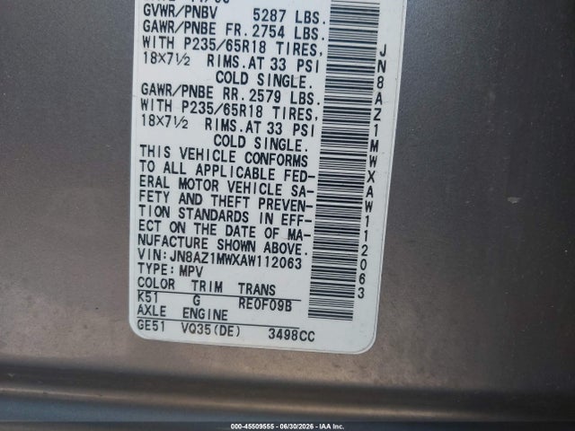 Aukcja sprzedaży 2010 Nissan Murano S, vin: JN8AZ1MWXAW112063, numer aukcji: 45509555