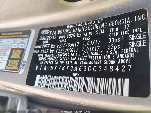 Aukcja sprzedaży 2013 Kia Sorento Lx, vin: 5XYKT3A63DG348427, numer aukcji: 45509558
