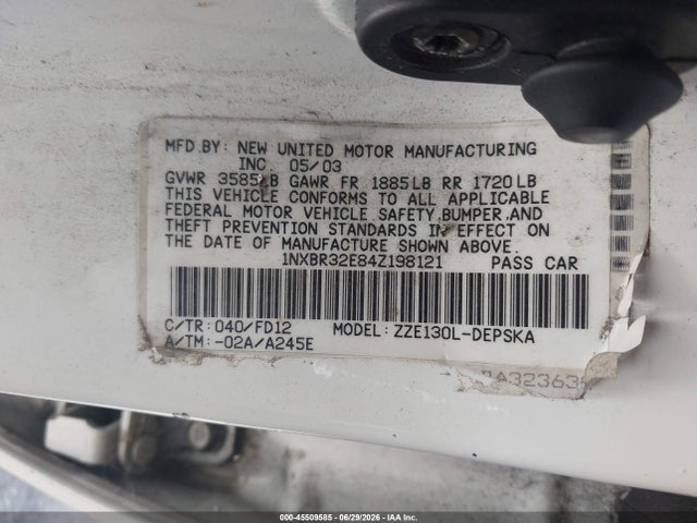 45509585 :رقم المزاد ، 1NXBR32E84Z198121 vin ، 2004 Toyota Corolla S مزاد بيع