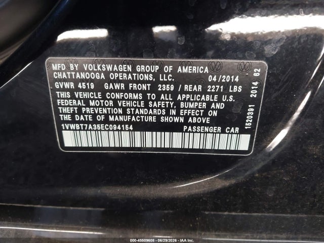 2014 Volkswagen Passat 1.8t Se მანქანა იყიდება აუქციონზე, vin: 1VWBT7A35EC094154, აუქციონის ნომერი: 45509608