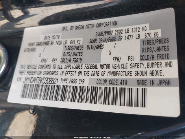 2019 Mazda Mx-5 Miata Rf Grand Touring მანქანა იყიდება აუქციონზე, vin: JM1NDAM78K0308821, აუქციონის ნომერი: 45509609