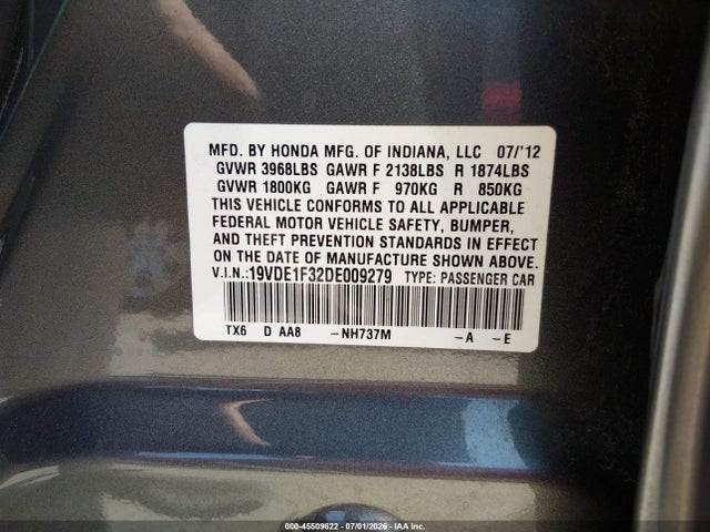 45509622 :رقم المزاد ، 19VDE1F32DE009279 vin ، 2013 Acura Ilx 2.0l مزاد بيع
