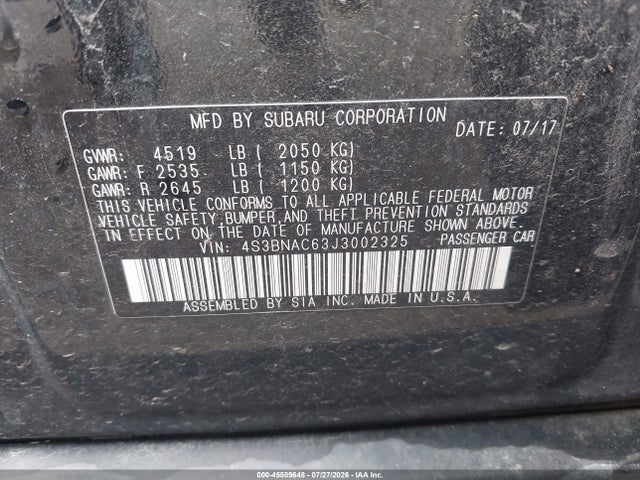 45509648 :رقم المزاد ، 4S3BNAC63J3002325 vin ، 2018 Subaru Legacy 2.5i Premium مزاد بيع