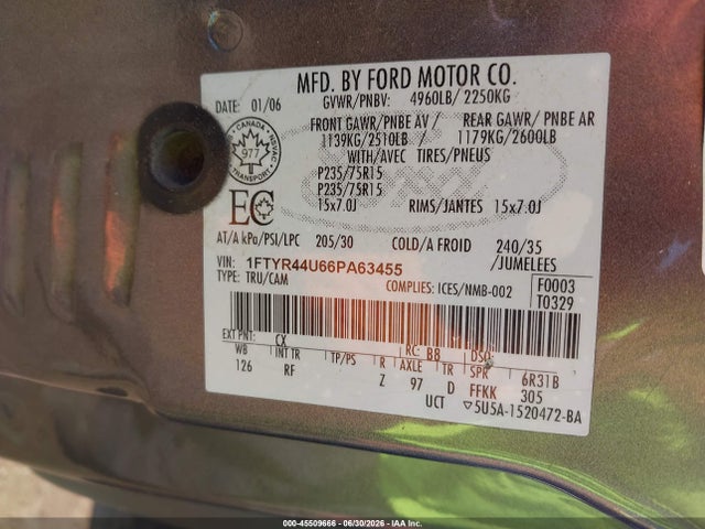 45509666 :رقم المزاد ، 1FTYR44U66PA63455 vin ، 2006 Ford Ranger Sport/stx/xlt مزاد بيع