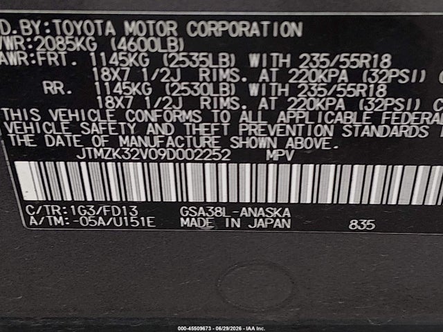 Aukcja sprzedaży 2009 Toyota Rav4 Sport V6, vin: JTMZK32V09D002252, numer aukcji: 45509673