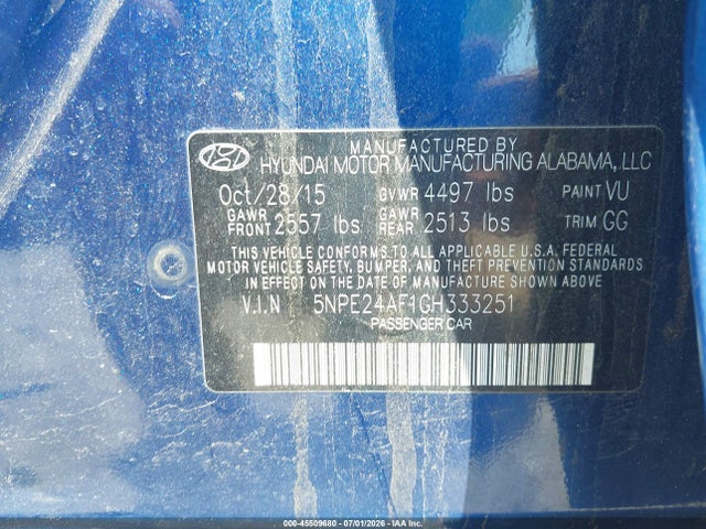 Aukcja sprzedaży 2016 Hyundai Sonata Se, vin: 5NPE24AF1GH333251, numer aukcji: 45509680