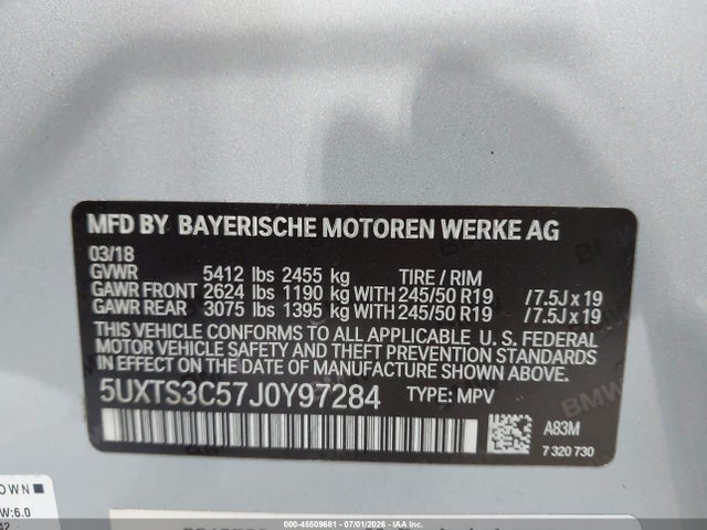 45509681 :رقم المزاد ، 5UXTS3C57J0Y97284 vin ، 2018 Bmw X3 M40i مزاد بيع