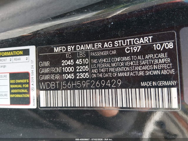 45509687 :رقم المزاد ، WDBTJ56H59F269429 vin ، 2009 Mercedes-benz Clk 350 مزاد بيع