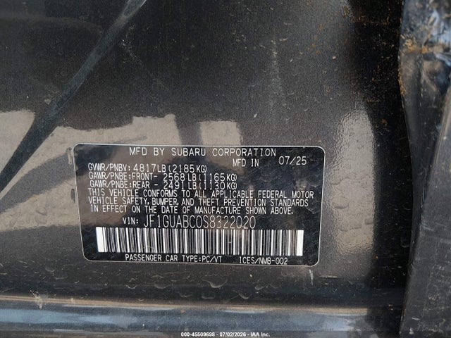 Продаж на аукціоні авто 2025 Subaru Impreza Base 5-door, vin: JF1GUABC0S8322020, номер лоту: 45509698