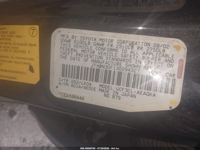 45509700 :رقم المزاد ، JTHBN30F130094327 vin ، 2003 Lexus Ls 430 مزاد بيع