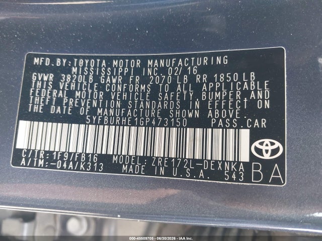 5YFBURHE1GP473150 Toyota COROLLA LE