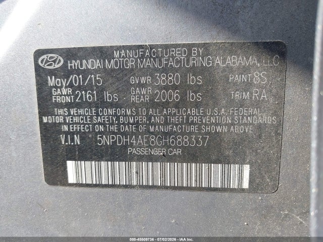 Aukcja sprzedaży 2016 Hyundai Elantra Se, vin: 5NPDH4AE8GH688337, numer aukcji: 45509736