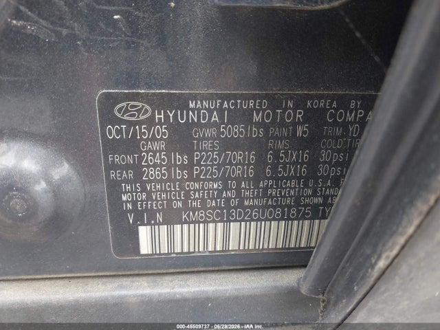 Aukcja sprzedaży 2006 Hyundai Santa Fe Gls, vin: KM8SC13D26U081875, numer aukcji: 45509737