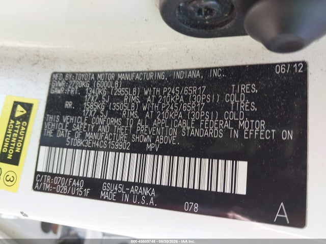 45509748 :رقم المزاد ، 5TDBK3EH4CS159902 vin ، 2012 Toyota Highlander Base V6 مزاد بيع
