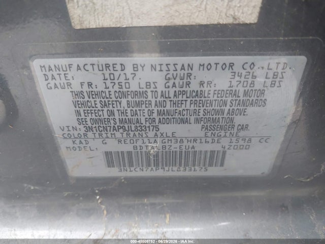 3N1CN7AP9JL833175 Nissan Versa 1.6 Sv