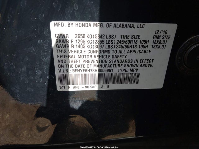 Honda Pilot Ex-l 2017 5FNYF6H73HB006961 Image 9