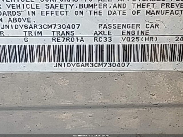 45509807 :رقم المزاد ، JN1DV6AR3CM730407 vin ، 2012 Infiniti G25x مزاد بيع