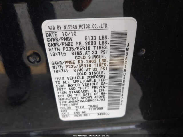 Aukcja sprzedaży 2011 Nissan Murano Sv, vin: JN8AZ1MU3BW054703, numer aukcji: 45509813