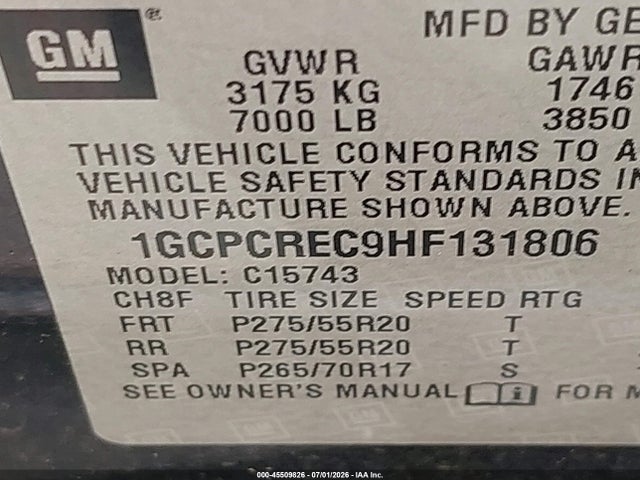 1GCPCREC9HF131806 Chevrolet Silverado 1500 Lt