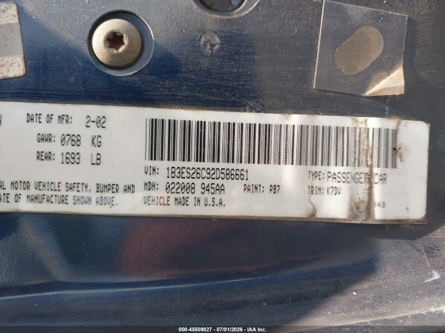 Продажа на аукционе авто 2002 Dodge Neon, vin: 1B3ES26C92D586661, номер лота: 45509827