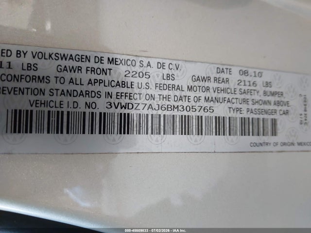 Продажа на аукционе авто 2011 Volkswagen Jetta 2.5l Se, vin: 3VWDZ7AJ6BM305765, номер лота: 45509833