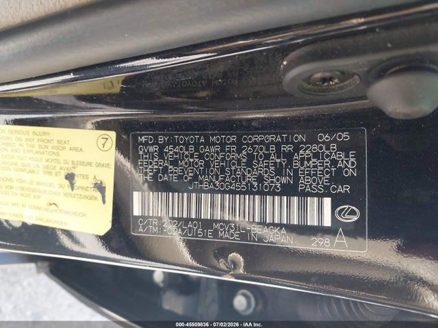 Aukcja sprzedaży 2005 Lexus Es 330, vin: JTHBA30G455131073, numer aukcji: 45509836