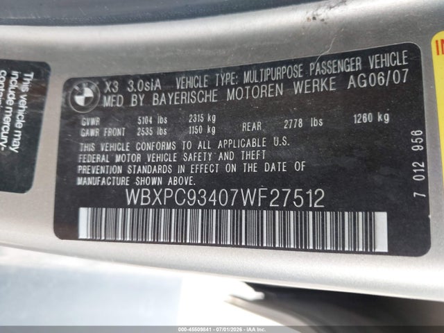Продажа на аукционе авто 2007 Bmw X3 3.0si, vin: WBXPC93407WF27512, номер лота: 45509841