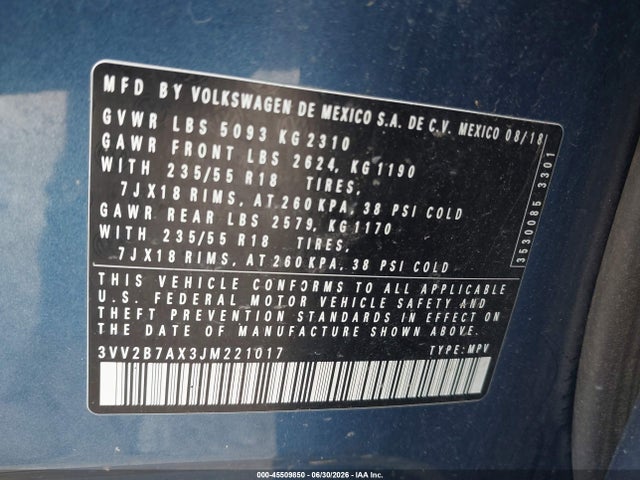 Aukcja sprzedaży 2018 Volkswagen Tiguan 2.0t Se/2.0t Sel, vin: 3VV2B7AX3JM221017, numer aukcji: 45509850